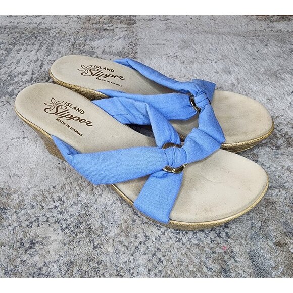 Island Slipper Hawaii Sandals Women’s Size 9 Blue Thong Wedge Heel Comfort - Picture 1 of 7